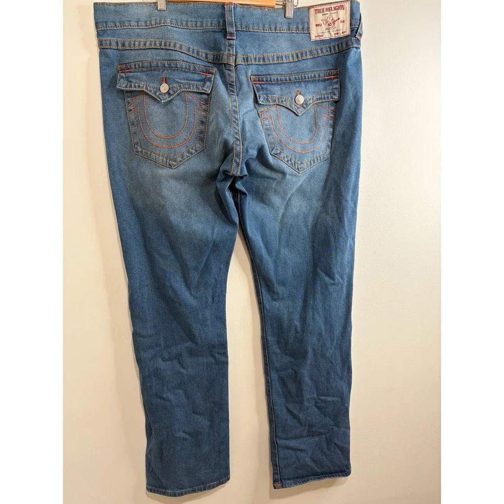 True Religion Ricky Relaxed Straight Jeans Mens 42 Blue Grunge Medium Wash